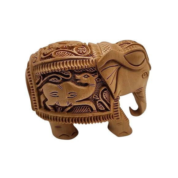 Wooden Hindu Inspired Elephant Figurine Ornate Detail 3” Tall Art Deco India - Picture 2 of 6
